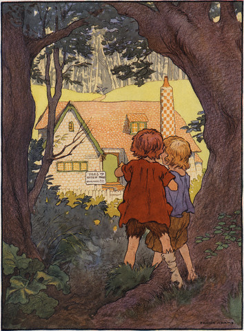 Illustration of Hansel and Gretel Looking at the Witch's House by Frank Adams