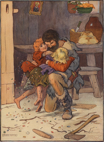 Illustration of Hansel and Gretel Hugging Their Father by Frank Adams