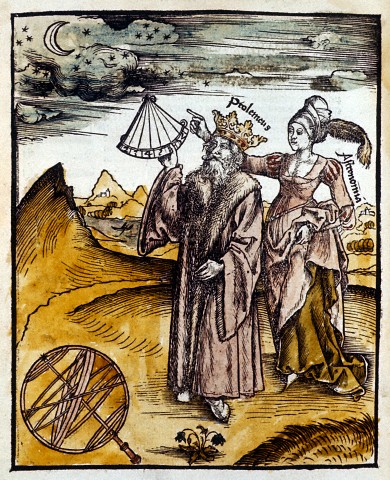 Ptolemy observing moon and stars with Urania