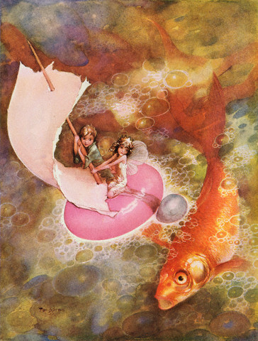 Magazine Illustration of Children and a Large Goldfish by Gustav Tenggren