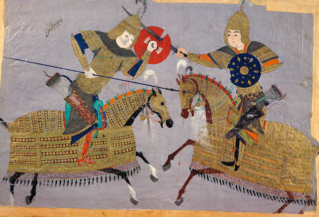 School of Tabriz Painting of Two Warriors on Horseback in Combat