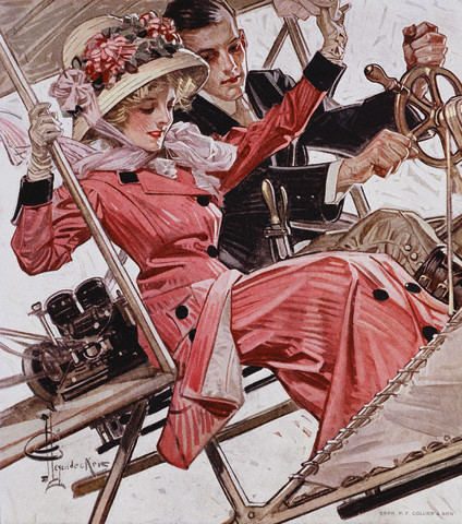 Illustration of a Couple in an Airplane by J.C. Leyendecker