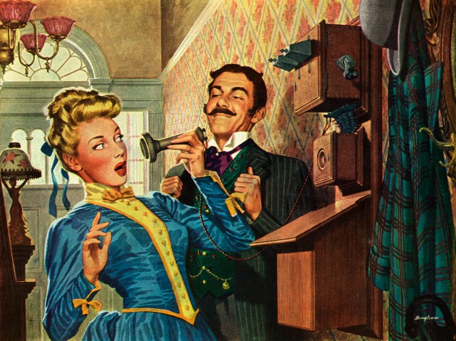 Amazed Woman Listening to Her First Telephone Call.