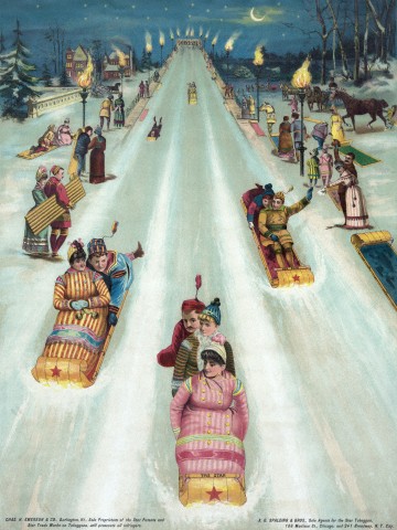 Couples sledding at night
