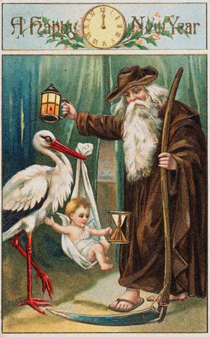 A Happy New Year Postcard with Father Time