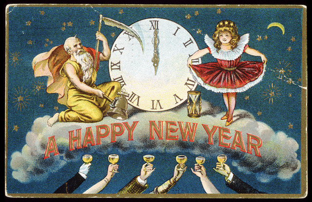 A Happy New Year Postcard with Father Time and a Young Girl