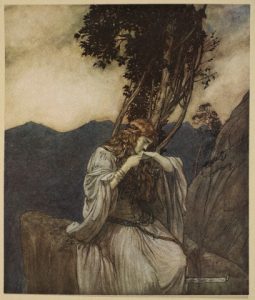 Brunnhilde kisses the ring that Siegfried has left with her by Arthur Rackham
