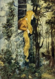 Grimm's Fairy Tales Book Illustration with Rapunzel in Her Tower